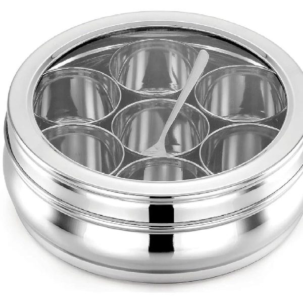 Masala Dabba | Masala Box Stainless Steel For Kitchen | Masala Dani | Spice Storage Container (Glass Lid, 1200Ml), Silver