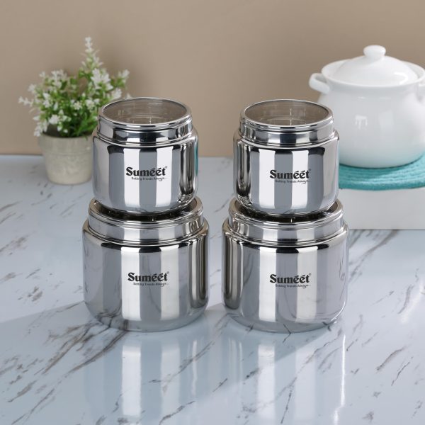Stainless Steel Small Canisters/Dabba/Storage Containers for Kitchen with See Through Lid, Combo of 4 Pcs (800ml -2Pcs with 11cm Dia & 1450ml - 2Pcs with 13.5cm Dia), Silver
