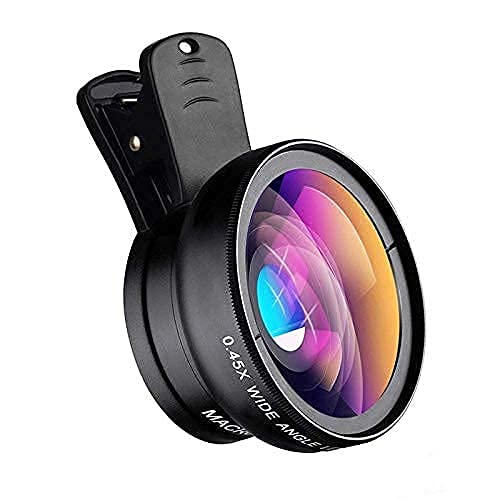 Mobile Camera Lens, 0.45X Super Wide Angle Lens, 15X Macro Lens, Clip-On 2 in 1 Professional Kit for TIK Tok, Vlog, YouTube, Reels Compatible with All Smartphones-(Black)
