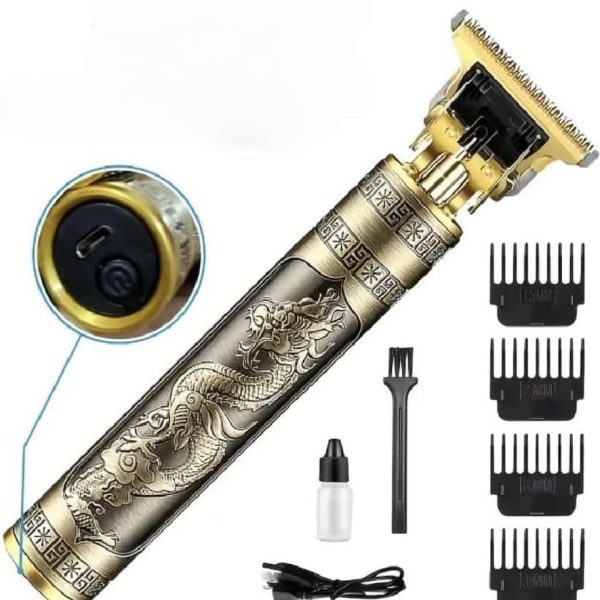 T9 Vintage Professional Hair Trimmer For Men –Golden Metal Body,Cordless,4 Guide Combs,USB Rechargeable,Men'S T9 Golden Metal–Zero Gap Beard & Hair Clipper With Guide Combs & Brush Plastic Gold