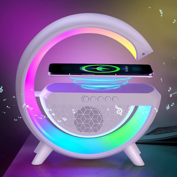 G Shape Rechargeable Multifunctional Bluetooth Speaker With 15W Wireless Charger Cum Color Changing Desk Lamp Bedside Table Lamp Fm Radio With Aux & Wireless Charger-Plastic, Led
