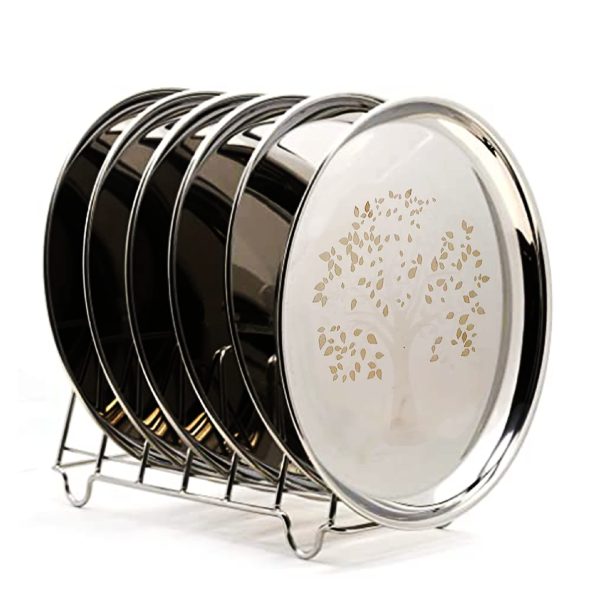 Stainless Steel Lunch/Dinner Plate Set of 6 with Laser Print (Heavy Gauge) Medium Size Round Kanchan Bhojan Thali - Diameter: 10 Inches/ 23.5 cms