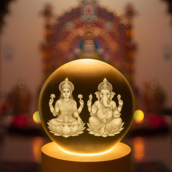 Lakshmi Ganesh Crystal Ball Lamp with Wooden Base | 3D Engraved LED Night Light for Home Decor, Puja Room & Diwali Gift & Festivals