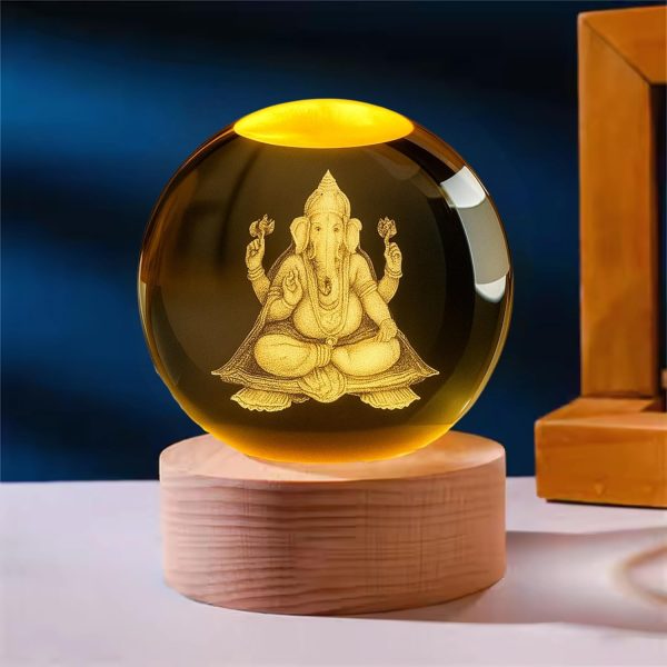 Ganesh ji 3D Crystal Ball Night Lamp – Engraved Ganesh Ji LED Light, USB-Powered Table Lamp with Wooden Base, Romantic Home & Office Décor, Bedroom, Anniversary, Birthday Gift (Warm White)