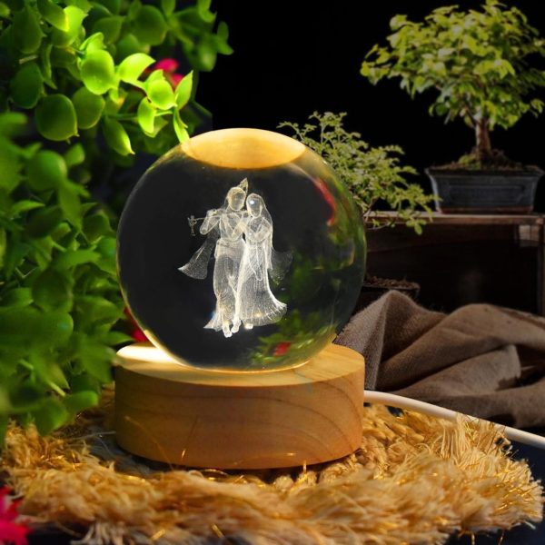 Radha krishna 3D Crystal Ball Night Light, LED Radha Krishna Design, 10 cm Glass Globe with Wooden Base, Touch Control, USB Powered, Warm Light for Bedroom