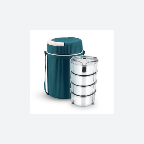 Stainless Steel Quick Meal 4 Insulated Thermoware Hot Lunch Box with 4 SS Container 300 ML Each | Office Lunch Box | BPA Free | Food Grade (Blue, Extra Large)
