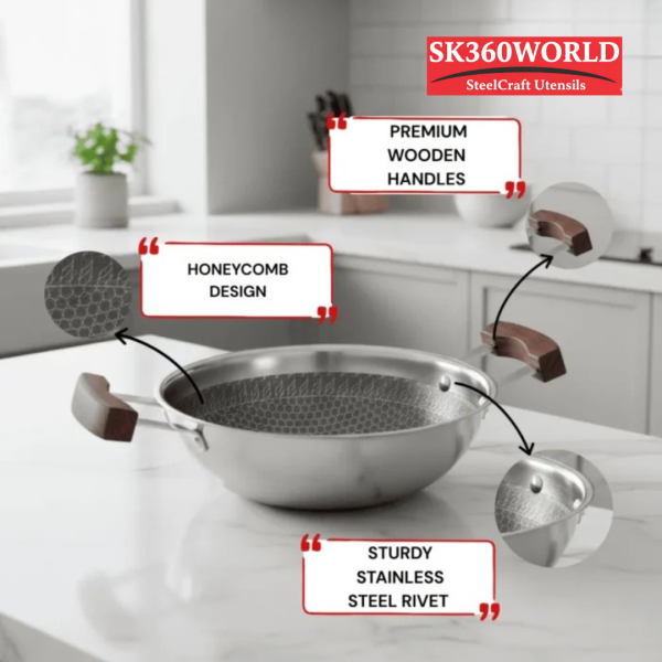 Triply Honey Comb Kadai with Wooden Handle 22 cm